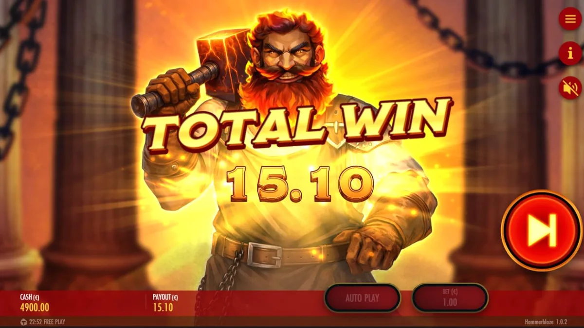 Tampilan visual slot Hammerblaze dengan tema bengkel dewa Yunani dan grid 7x7